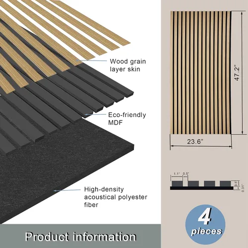 Vista 4 de Paneles acústicos de listones de madera de 4 piezas para una decoración elegante y reducción de ruido, panel texturizado 3D para techo y pared