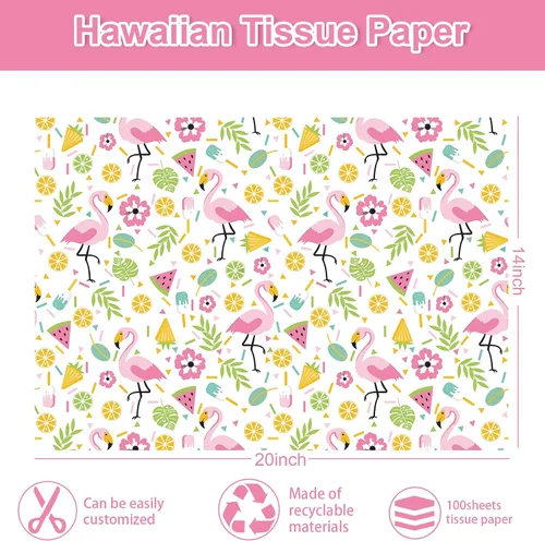 Vista 2 de JarThenaAMCS 100 hojas de papel de seda hawaiano, papel de regalo tropical, hojas de palma, flamenco, papel decorativo para manualidades, verano