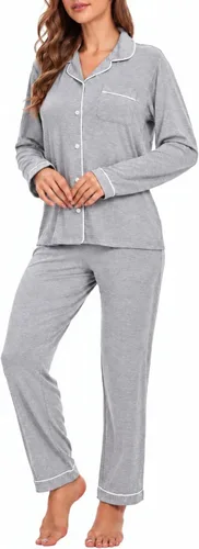 Vista 14 de Juego de pijama con botones para mujer, de manga larga, ropa de dormir suave, conjunto de ropa de descanso, tallas XS-XXL bean paste