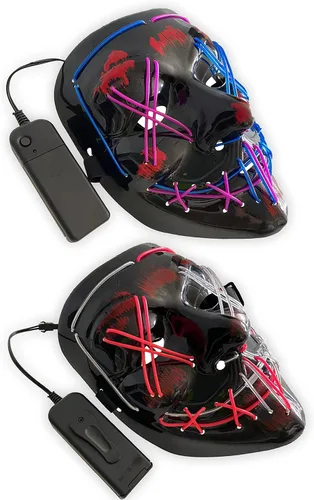 Vista 2 de Paquete de 2 máscaras de La Purga de Halloween con luz LED para adultos, disfraces y fiestas (azul rosa, azul y morado)