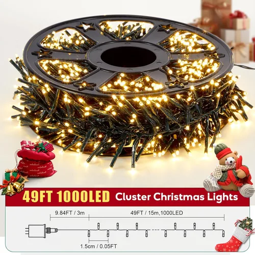 Vista 2 de Hishine Luces de Navidad de 49 pies, 1000 luces LED para exteriores, tira de luces para interiores, 8 modos, impermeable, enchufable, luz de árbol