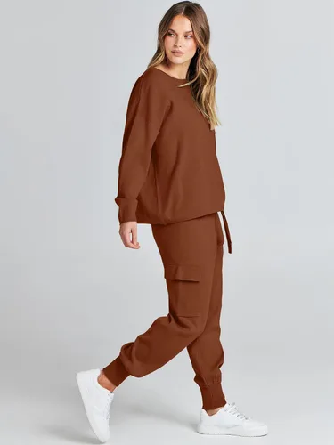 Vista 3 de Caracilia Conjunto de dos piezas para mujer, suéter de punto de manga larga y pantalones deportivos tipo cargo