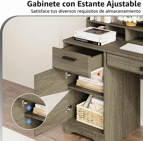 Vista 4 de Escritorio ejecutivo de 58 pulgadas con cajones de archivos, escritorio para computadora con almacenamiento, escritorio rústico con estantes