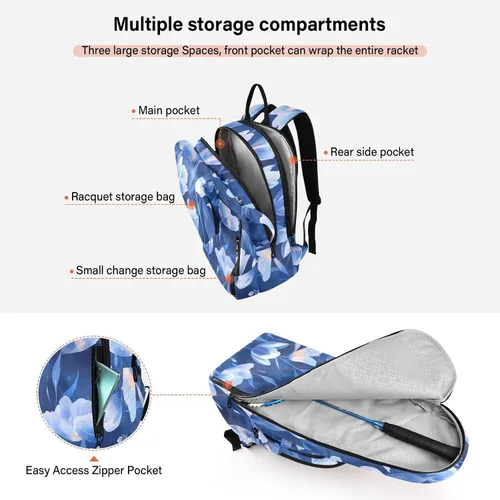 Vista 5 de Unisex Tennis Bag Large Storage Tulipa Flowers Royal Blue Gym Sport Travel Bag for Women Men para raqueta