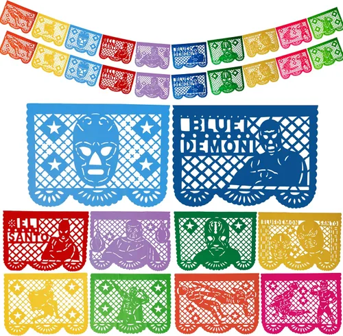 Vista 12 de Papel Picado de 16 pies, pancarta mexicana, pancarta de plástico Lucha Libre, decoraciones de pancarta mexicana, suministros de fiesta de Luchador