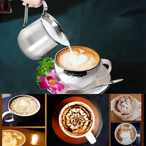 Vista 2 de Rolin Roly Jarra de espuma de leche de 4.5 onzas de acero inoxidable, pequeña jarra de café en forma de campana para barista, capuchino, tazas