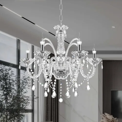 Vista 10 de Ridgeyard Candelabro transparente de 4 brazos con forma de gota de lluvia de cristal, lámpara de techo empotrada para comedor, sala de estar