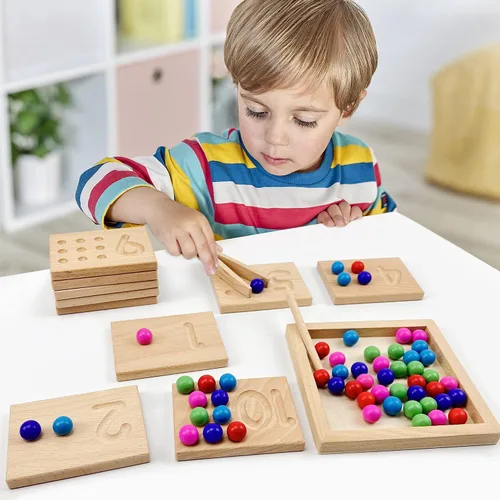 Vista 5 de Juego de tablas de seguimiento de números de madera, juguete de conteo de cuentas de matemáticas Montessori para niños pequeños, aprendizaje