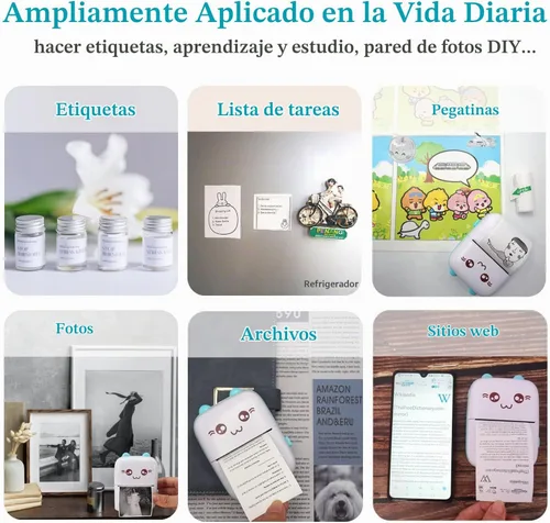 Vista 3 de Mini Impresora de Bolsillo, Impresora Térmica Portátil con 8 Rollos de Papel de Impresión, Impresora Inalámbrica Bluetooth Pequeña para Azul