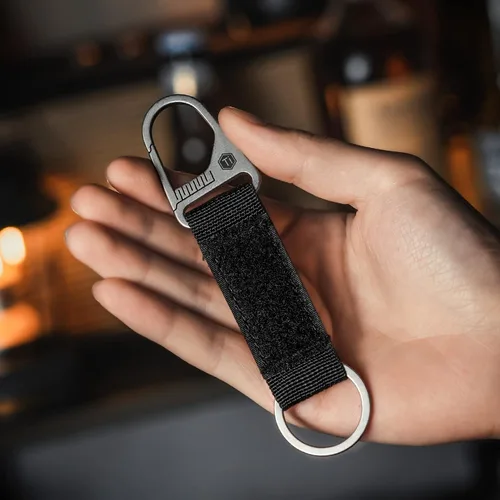 Vista 2 de KeyUnity Titanium Carabiner Keychain Nylon Webbing Molle Clip with Hook & Loop Panel for PVC Morale Patches
