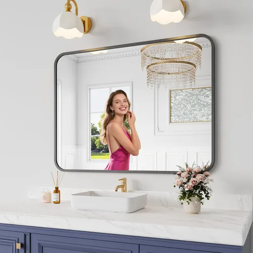 Vista 26 de Koonmi - Espejo de baño de 36x60 pulgadas con marco de metal cepillado negro para montaje en pared sobre el fregadero, vidrio templado HD