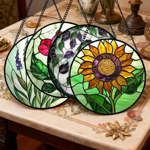 Vista 2 de Juego de 4 piezas para colgar vidrieras, rosas rojas, girasoles amarillos, 6.3 pulgadas, atrapasoles de flores, puerta de jardín, decoración