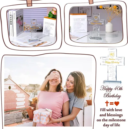 Vista 6 de Regalos de 40 cumpleaños para mujeres y hombres, soporte de cruz de vidrio grabado con 40 y fabulosos regalos religiosos para ella, ideas de regalos