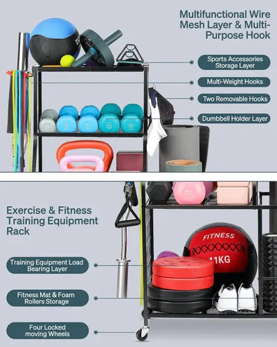 Vista 3 de AHOWPD Estante de pesas para gimnasio en casa, estante de almacenamiento para esterilla de yoga, estante de almacenamiento para mancuernas y pesas