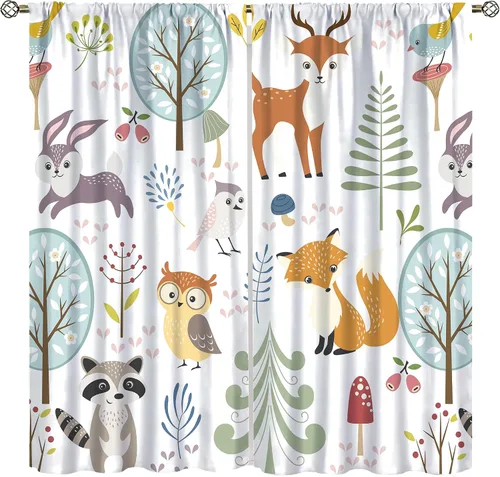 Vista 32 de YCness Cortinas para niños y niñas, diseño de animales de la selva, bosque de otoño, dibujos animados, ciervos, conejos, zorros, búhos, cortinas