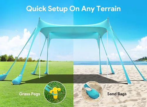Vista 6 de Osoeri Beach Tent, Camping Sun Shelter UPF50+ with 8 Sandbags, Sand Shovels, Ground Pegs & Stability Poles, Outdoor Shade Beach Canopy for Camping