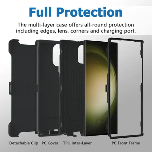 Vista 4 de Miimall Funda compatible con Galaxy S23 Ultra, funda para S23 Ultra desmontable, clip para cinturón, función atril, bordes elevados, protección
