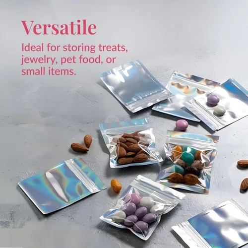 Vista 6 de Prestee Bolsas pequeñas de Mylar de 3 x 4 – 100 piezas holográficas resellables para almacenamiento de alimentos, a prueba de olores, ideales