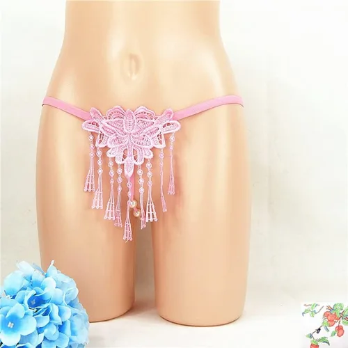 Vista 8 de Tangas de encaje sexy con borlas de perlas para mujer, ropa interior de tiro bajo con espalda en T