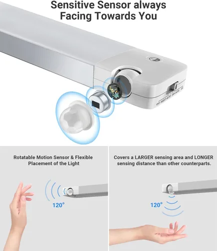 Vista 2 de Lyridz Luces recargables para debajo del gabinete con sensor de movimiento ajustable de 90 grados, luces LED inalámbricas de armario de 1500 mAh