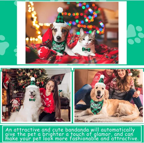 Vista 6 de Weewooday Juego de 3 piezas de disfraz de Navidad para perro, bandana a cuadros de búfalo, bufanda triangular, corbata de lazo para mascotas