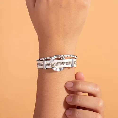 Vista 2 de FANCY SHINY Pulsera de cuero con diamantes de imitación circular, apilable, multicapa, con cierre, joyería bohemia, regalo para mujer