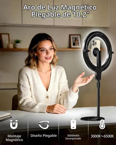 Vista 2 de NiceVeedi Anillo de luz magnético de escritorio de 10.2 pulgadas con soporte, anillo de luz de escritorio recargable de 5000 mAh para teléfono, luz