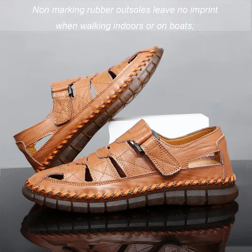 Vista 4 de MAIZUN Sandalias de cuero para hombre con puntera cerrada, zapatos de pescador de playa, sandalias deportivas de verano al aire libre