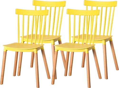 Vista 9 de Fabulaxe Silla de comedor de plástico moderna diseño Windsor con patas de madera de haya, color blanco juego de 2