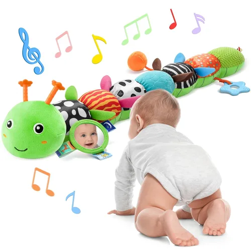 Vista 11 de Awotoy Baby Toys - Juguete musical de oruga interactivo multicolor para bebés, sonajero arrugado, suave con campana de anillo, juguete de peluche