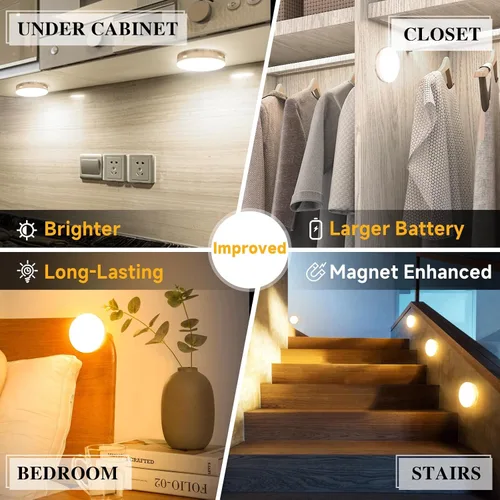 Vista 2 de Luz de sensor de movimiento LED recargable mejorada para interiores, batería brillante y duradera, luces de disco adhesivas con sensor de movimiento