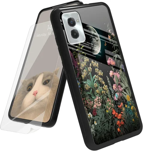 Vista 86 de Funda para Motorola Moto G Play 4G 2024 con protector de pantalla, parte trasera de vidrio templado + funda de silicona suave TPU absorción