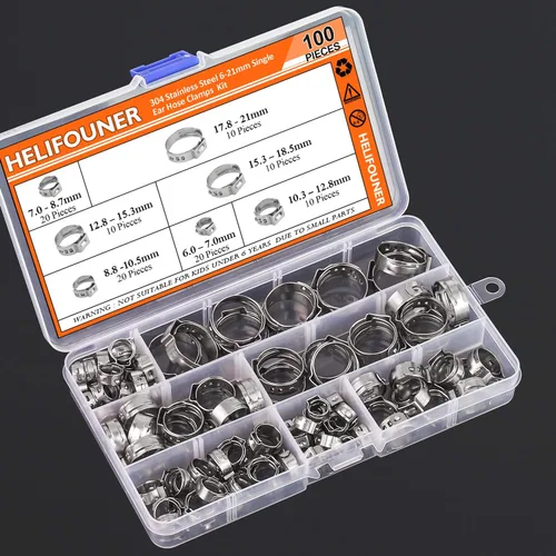 Vista 7 de HELIFOUNER 100 abrazaderas de manguera de oreja de acero inoxidable 304 de 0.236-0.827 in con kit de pinzas