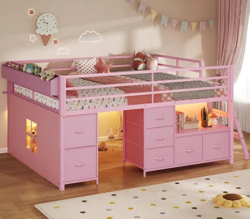 Vista 12 de ADORNEVE Cama baja tipo loft tamaño individual con 7 cajones de almacenamiento, estantería y luces LED, cama alta de metal para niños con barandilla