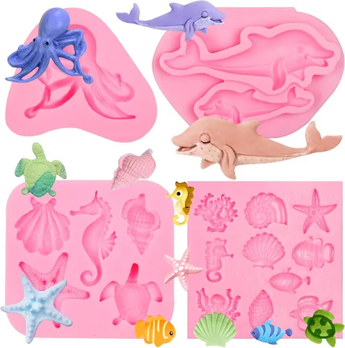 Vista 10 de Moldes del chocolate del pescado, moldes del caramelo del silicón del coral del pez del tiburón marino Fondant con temática de mar, decoración