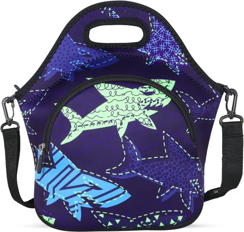Vista 13 de Violet Mist Lonchera de neopreno reutilizable aislada con correa de hombro ajustable y bolsillo para mujeres, hombres y adultos, lindas bolsas