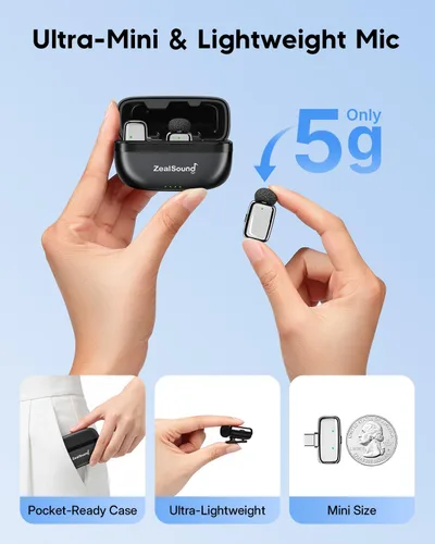 Vista 2 de ZealSound Mini micrófono inalámbrico Lavalier para iPhone, iPad, tabletas Android, PC (USB-C/Lightning), reducción de ruido/duración de la batería