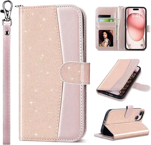 Vista 14 de ULAK Funda tipo billetera compatible con iPhone 15 para mujeres, funda tipo cartera con estampado floral de piel PU premium con porta tarjetas