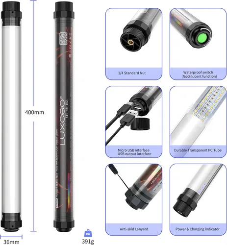 Vista 4 de Luz de fotografía de mano profesional LED de video varita de luz 12 modos de iluminación, atenuación continua, CRI≥95 IP68 impermeable con batería