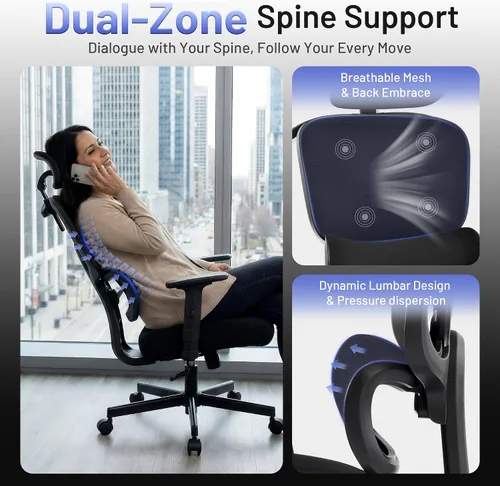 Vista 7 de AreShark Silla ergonómica de oficina – Silla de escritorio de malla transpirable con respaldo alto con soporte lumbar y reposacabezas ajustable