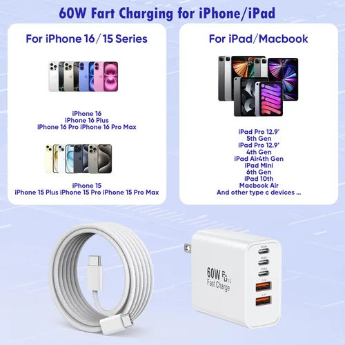 Vista 3 de Bloque de carga rápida para iPhone 17/16, paquete de 2 bloques de carga USB de 60 W, adaptador de carga de 5 puertos para Apple iPhone cargador