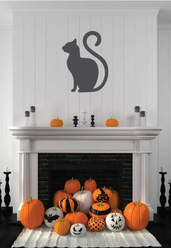 Vista 6 de Calcomanía de Halloween - Arte de pared de vinilo silueta de gato negro para fiesta de Halloween, decoraciones de casa encantada - Adorno de gato