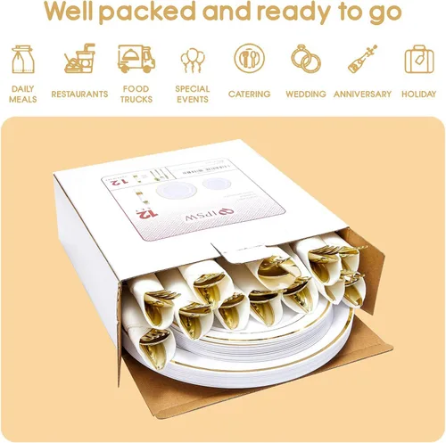Vista 5 de Platos de plástico dorado y cubiertos desechables con servilletas enrolladas, vajilla resistente para fiestas en casa, incluye platos llanos