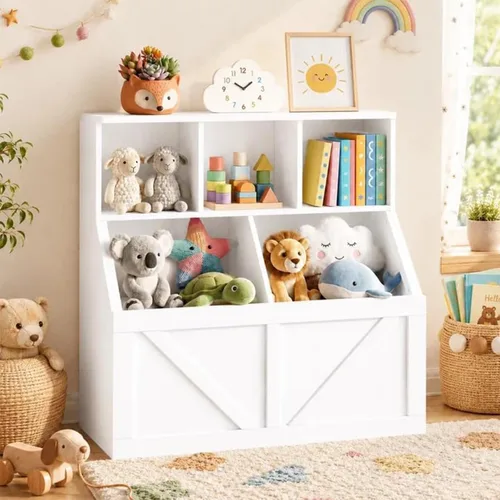 Vista 13 de Estantería y almacenamiento de juguetes para niños, organizador de Blanco antiguo