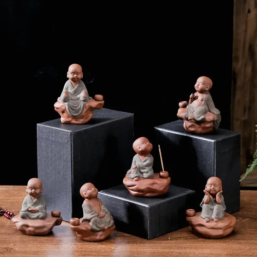 Vista 2 de Bonita estatua de incienso de Buda, figura de cerámica china de té de monje de arena morada, escultura zen de meditación para decoración