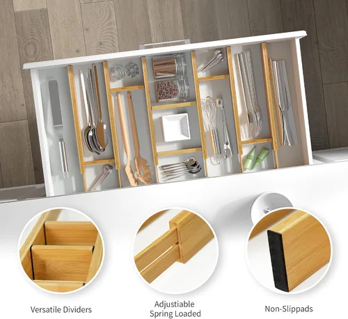 Vista 3 de EcoFives Separadores de cajones de bambú ajustables con insertos, organizador de cajones expandible con resorte para cocina, ropa, herramientas