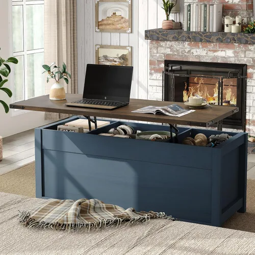 Vista 3 de Furnihold Mesa auxiliar elevable, mesa de centro de granja de 47.3 pulgadas con gran compartimento de almacenamiento oculto y puertas corredizas