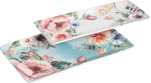 Vista 6 de Bico Blossom Symphony - Juego de 2 platos rectangulares de cerámica de 14 pulgadas, para servir ensalada, pasta, queso, jamón, aperitivo, microondas