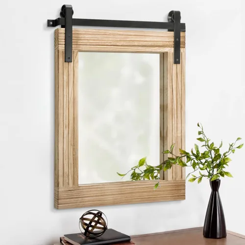 Vista 9 de AAZZKANG Espejo con marco de madera, estilo de puerta de granero, rectangular, decorativo, baño, dormitorio, tocador, decoración de pared del hogar