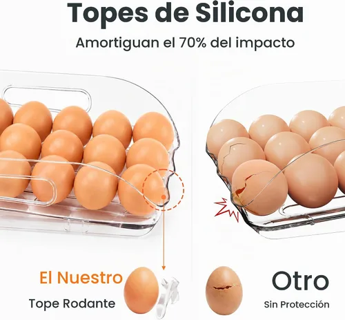Vista 3 de SMRCAD Soporte para Huevos para Refrigerador, Dispensador de Huevos con Rodamiento Estable Automático con Parachoques de Silicona y Asa para Nevera
